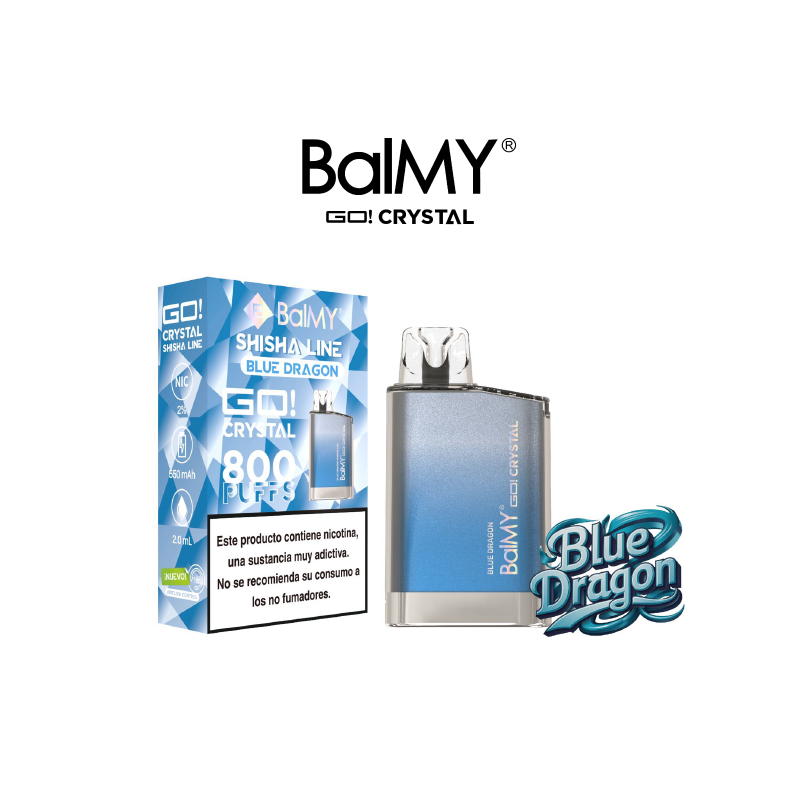 VAPER DESECHABLE BALMY GO CRYSTAL 20MG BLUE DRAGON (FRUTA DRAGÓN, ARÁNDOS Y BOMBÓN HELADO)