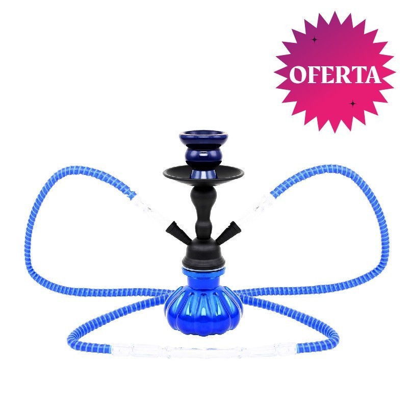SHISHA ATOMIC ATTARD METAL AZUL 25CM 2 MANGUERAS1